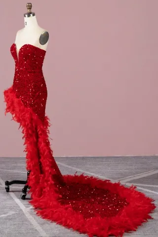 fluffy red sequin long train prom dress