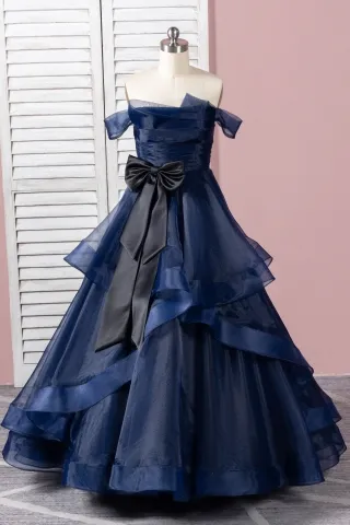 asymmetrical neck dark navy organza flounced prom dress