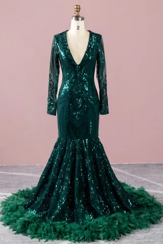 dark green sequin and feather black girl prom dress