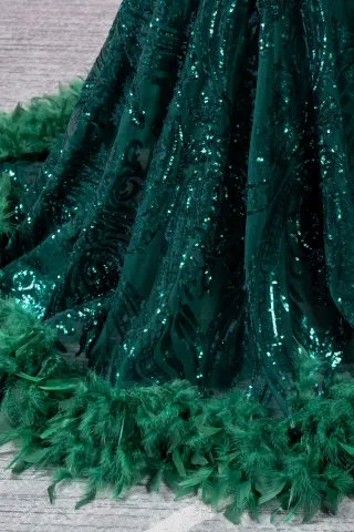 dark green sequin and feather black girl prom dress
