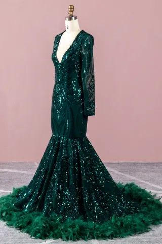 dark green sequin and feather prom dress