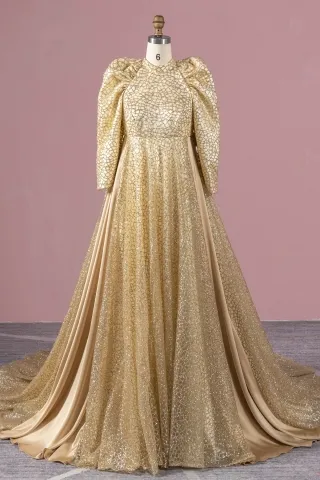 gold stiff glitter mesh vintage bubble sleeve formal gown