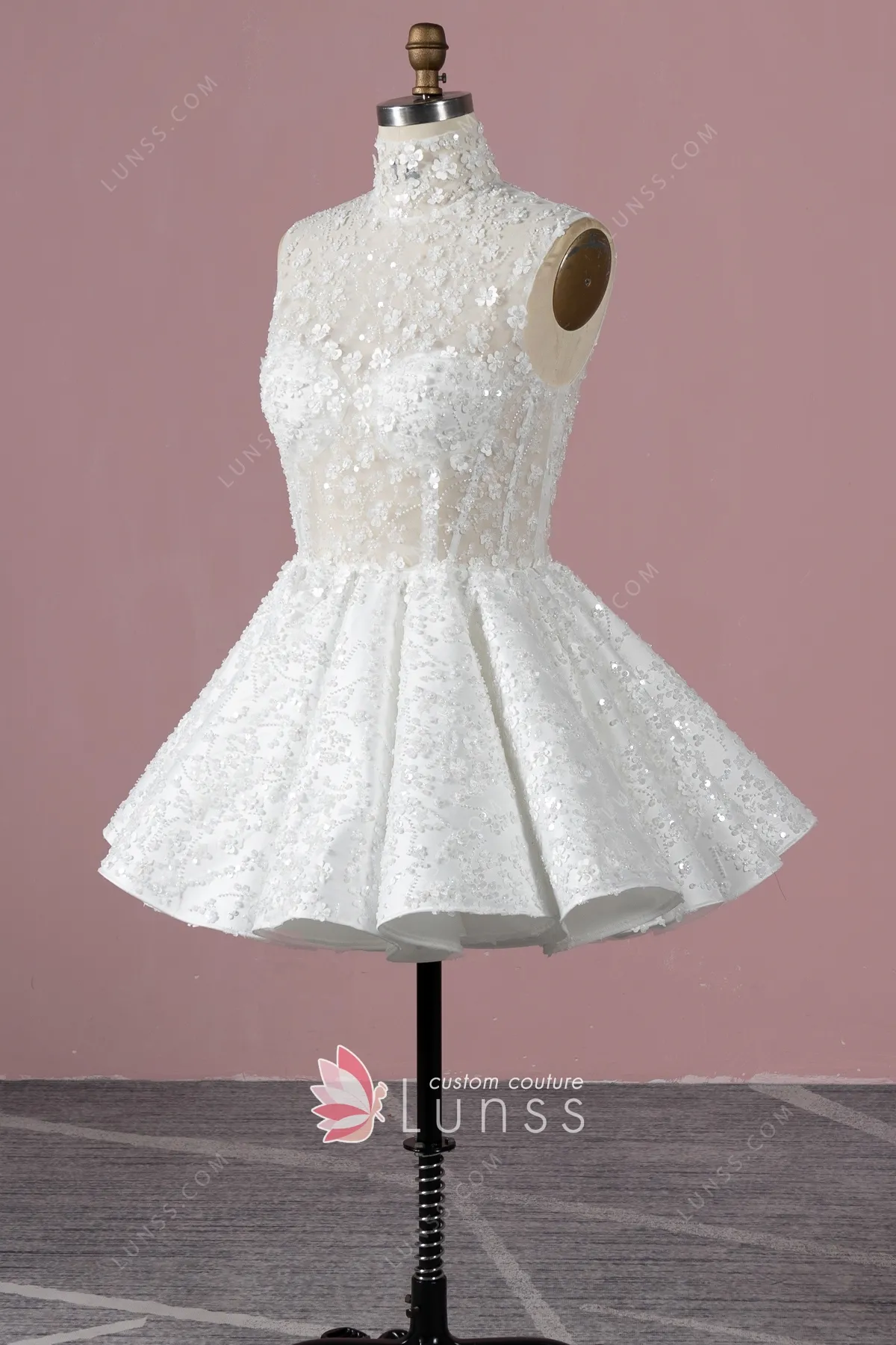 Off-white Beaded Flower Lace Short Puff Bridal Dress Gown - Lunss