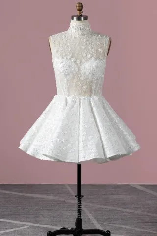 off white beaded flower lace short puff bridal party gown