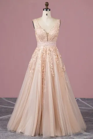 classic pearled peach leaf lace a line prom dress