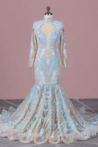 iridescent African American mermaid long sleeve prom gown