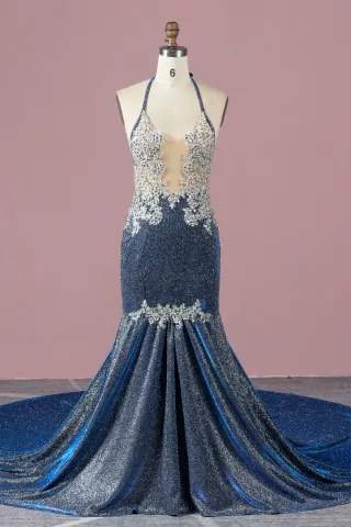 sexy illusion beaded lace glitter navy mermaid prom gown