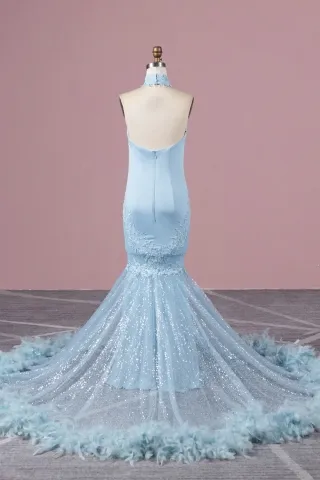 choker neck sky blue glitter mermaid prom dress