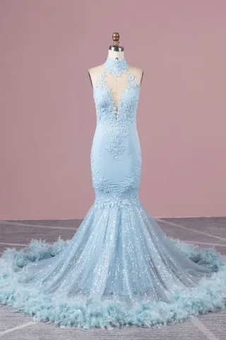 sky blue lace and glitter feather mermaid prom dress