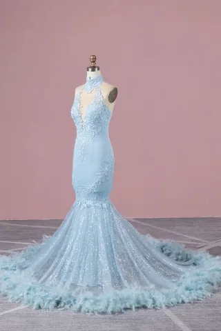 sky blue lace glitter feather prom dress
