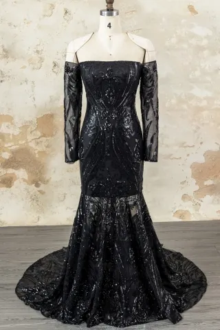 unique black sequin off shoulder long sleeve prom dress