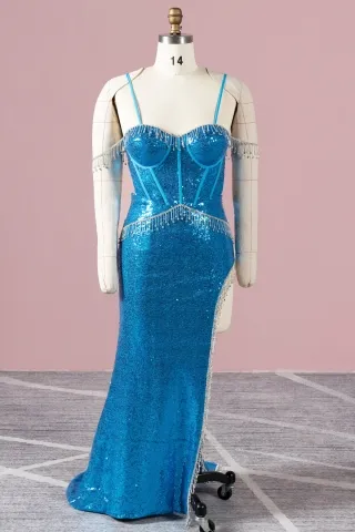 dazzling beaded tassel split ocean blue sequin party gown