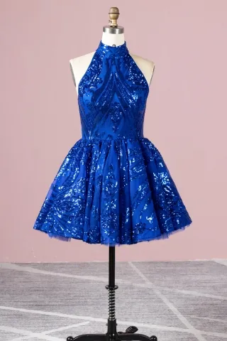 royal blue sequin high neck short cocktail party dress