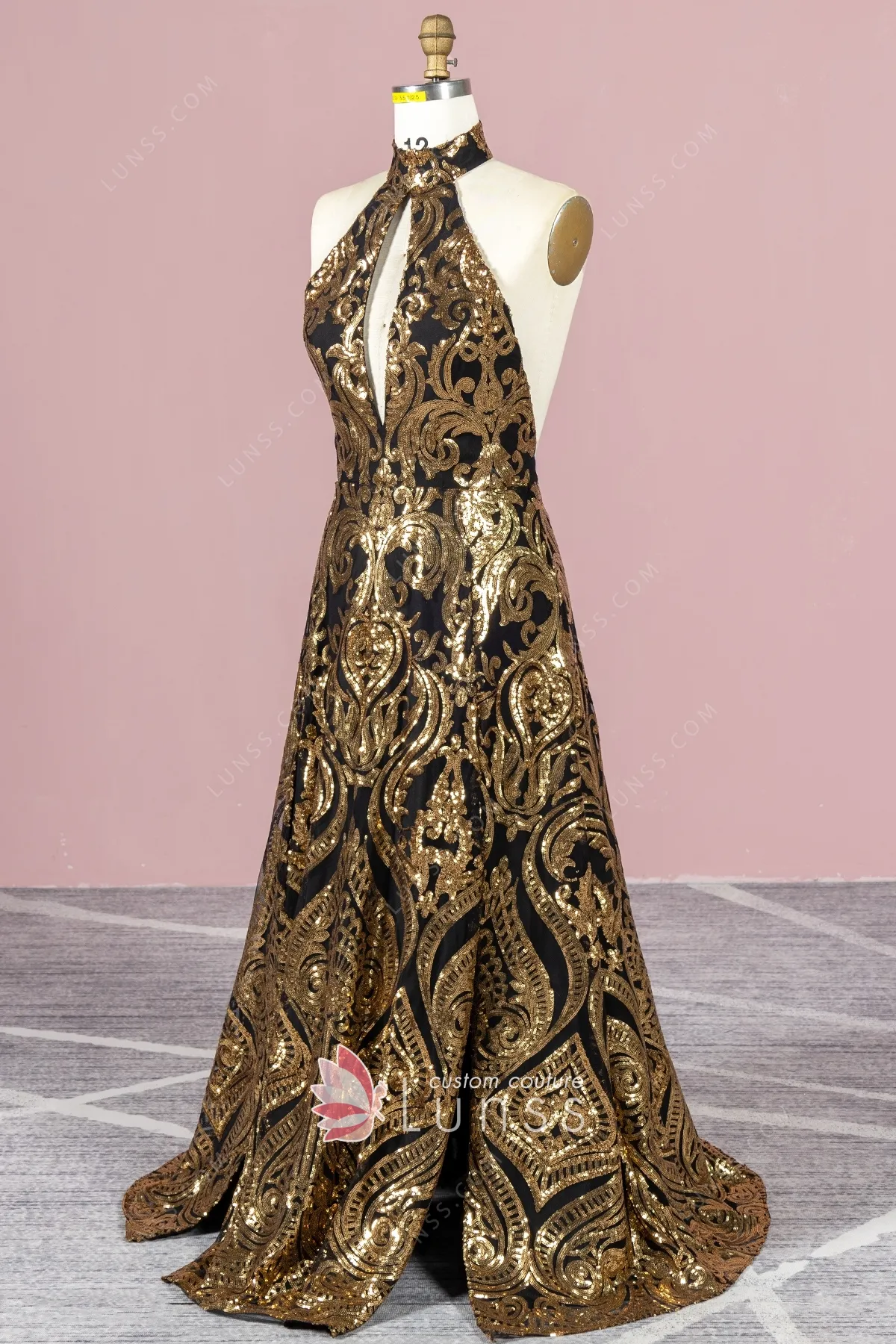 Elegant Beaded Sparkle Gold Lace & Black Mermaid Dress - Promfy