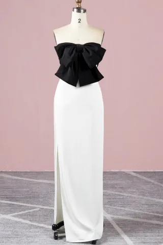 cute big black bow ivory two tone column evening dress