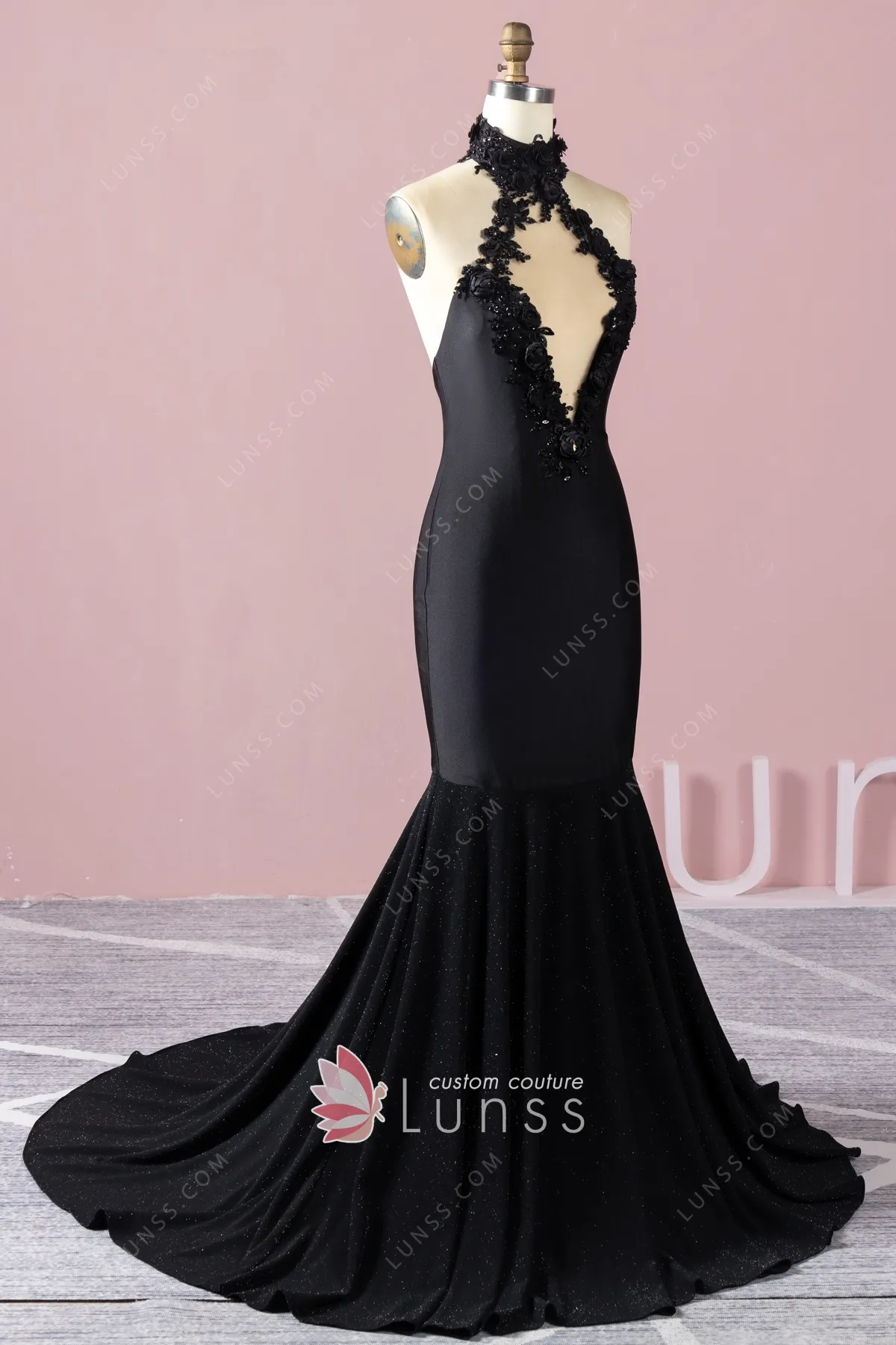 Pre Order: Pearly Adorable Flowers Adorned Black Ruffle Gown | Little Muffet