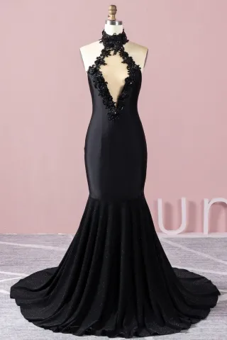 intricate 3d flowers beaded black mermaid prom dress