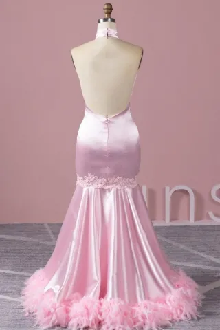 backless pink satin and feather mermaid prom dress