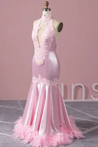 bead tassel choker neck pink prom dress