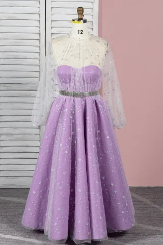 glitter star tulle overlay lavender long sleeve prom gown