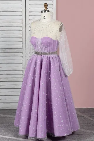 lavender satin glitter star overlay gown
