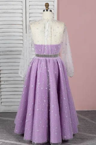 sparkling star gray tulle overlay lavender prom dress