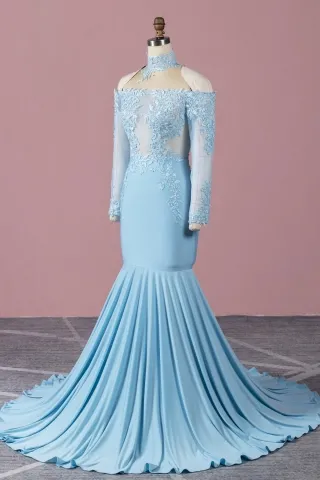 choker neck baby blue mermaid prom dress