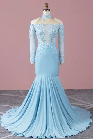 choker neck off shoulder baby blue mermaid prom dress
