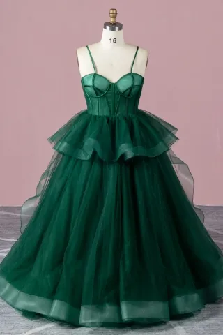 dark green tulle corset formal ball gown with a peplum