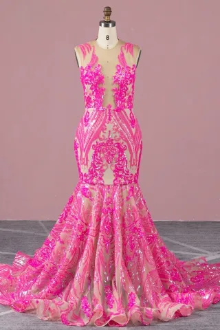 sparkly hot pink geometric sequin mermaid prom dress