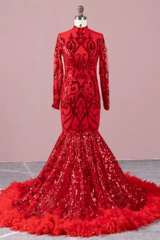 unique geometric pattern red sequin and feather prom gown