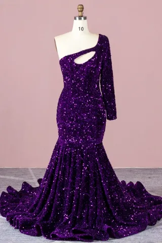sparkly purple sequin one sleeve mermaid prom dress