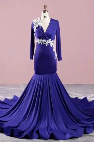 asymmetrical lace appliqued purple long train prom dress