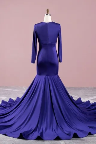 purple spandex long sleeve long train prom dress