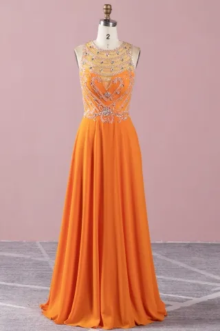 dazzling beaded illusion orange a line long prom dress