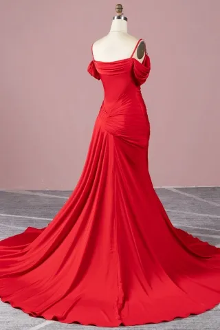 asymmetrical flared pleated red satin pageant dress