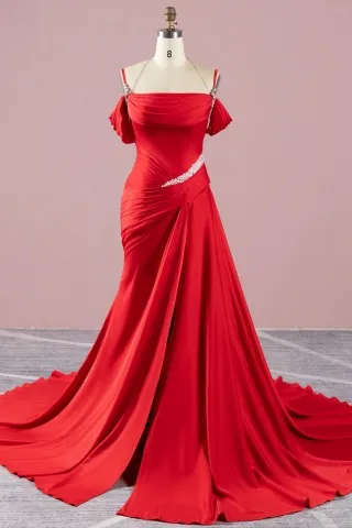 pleated red satin asymmetrical slit beaded prom dress