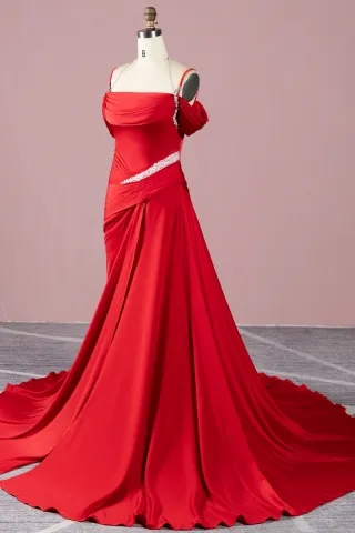 pleated red satin beaded prom dress
