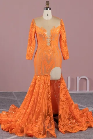geometric pattern iridescent orange sequin prom dress