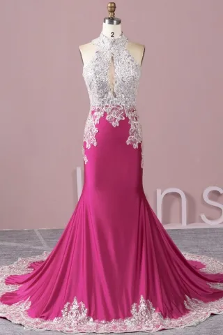 beaded lace appliqued fuchsia mermaid pageant dress