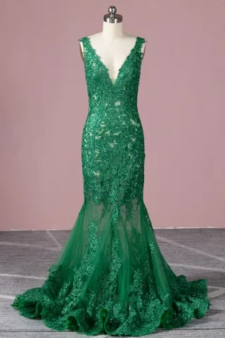 beaded emerald lace and sheer tulle mermaid formal dress
