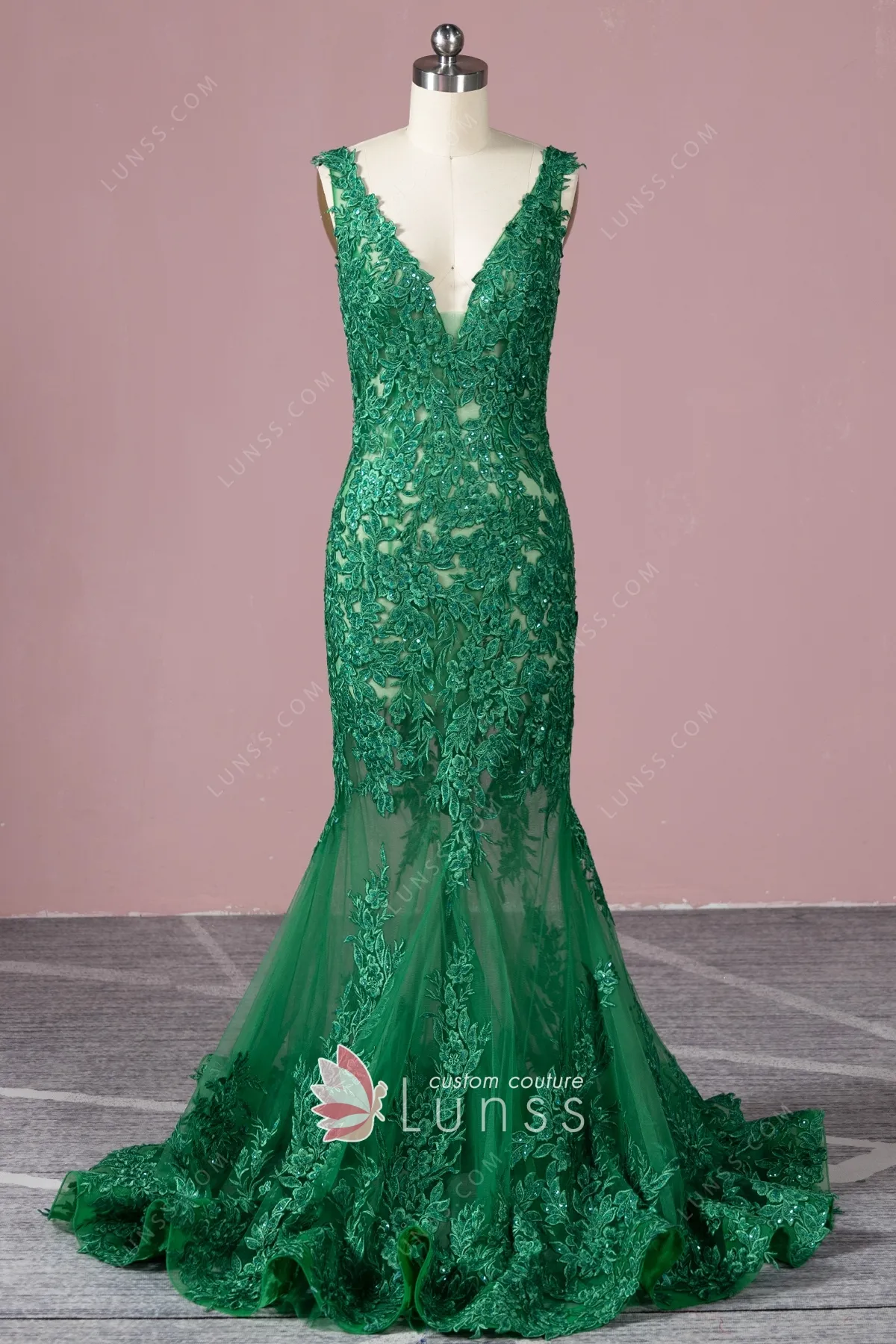 Beaded Emerald Lace and Sheer Tulle Mermaid Formal Dress - Lunss