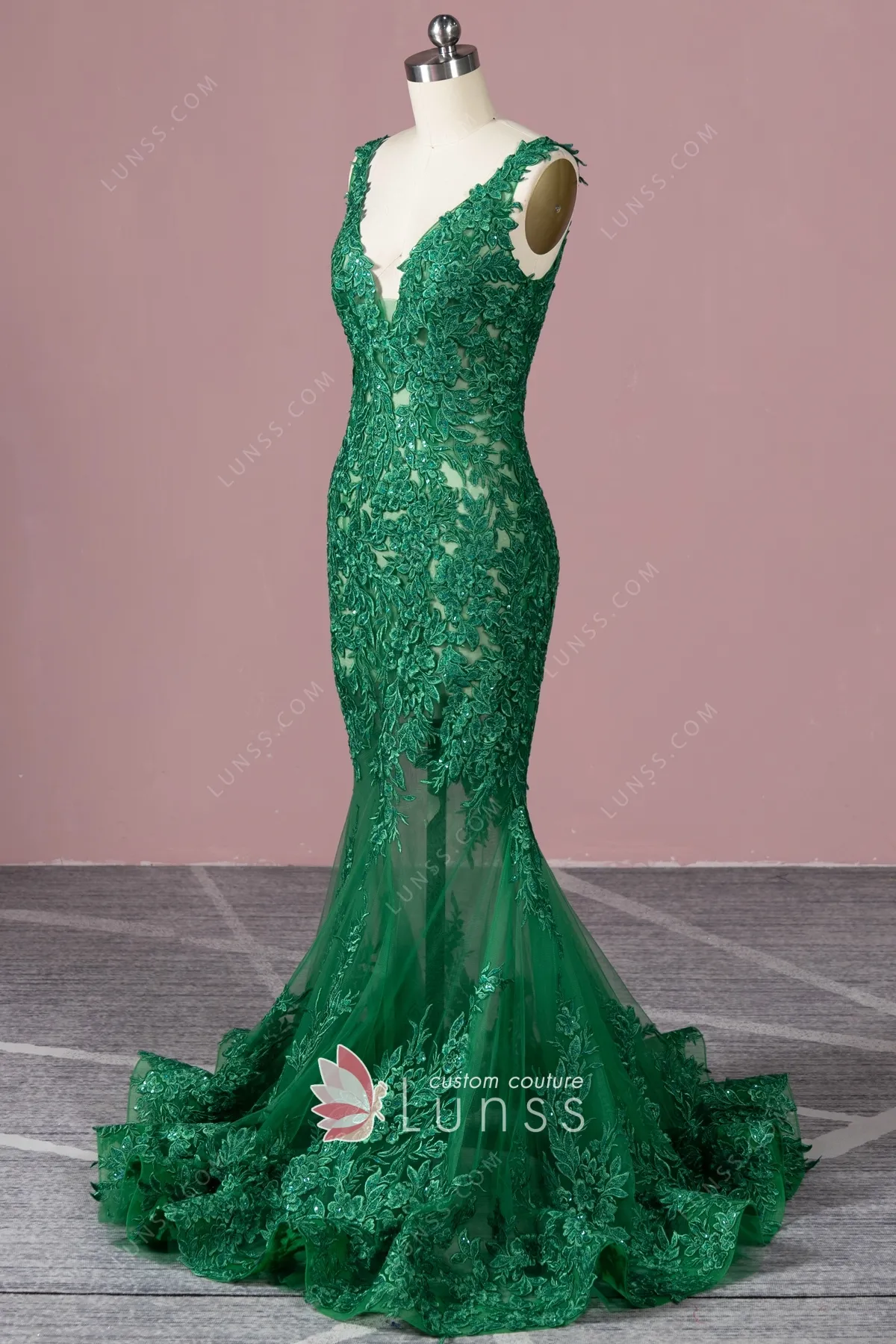 Beaded Emerald Lace and Sheer Tulle Mermaid Formal Dress - Lunss