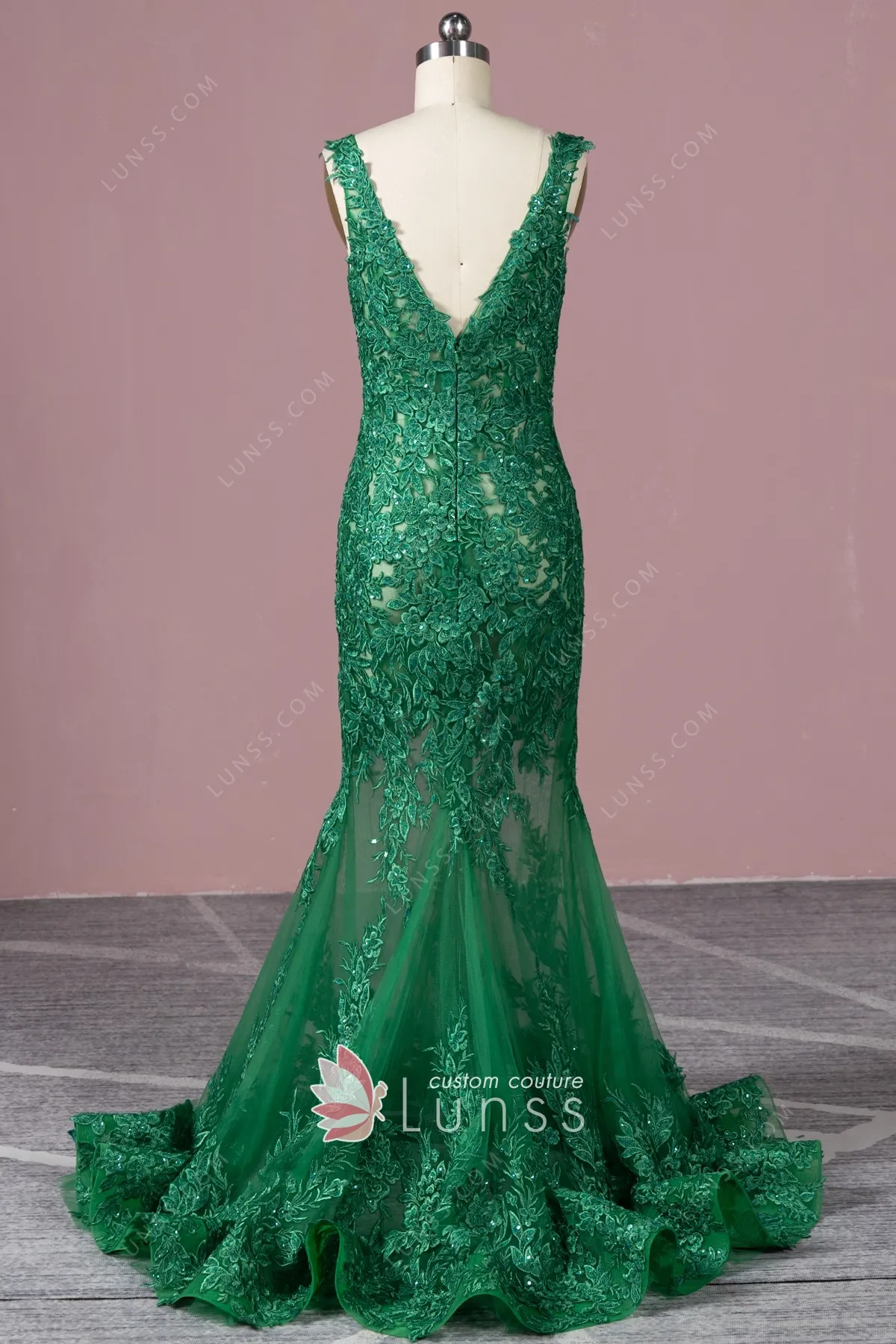 Beaded Emerald Lace and Sheer Tulle Mermaid Formal Dress - Lunss