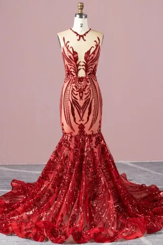 iridescent red sequin african american trumpet prom dress