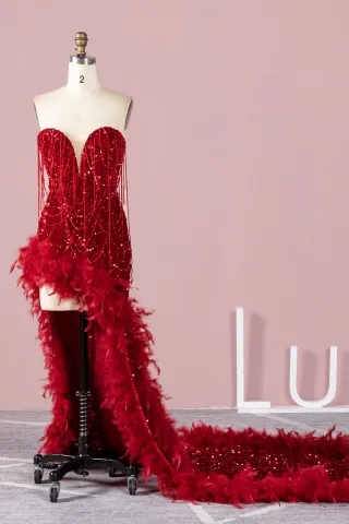 bedazzled beading fringe red sequin long train prom dress