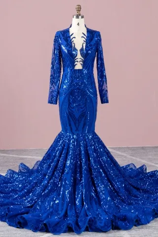 iridescent royal blue sequin plunging neck prom dress