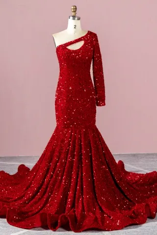 red sequin cut out one sleeve African American prom dress