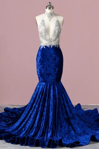 silver lace and royal blue velvet chic black girl prom dress