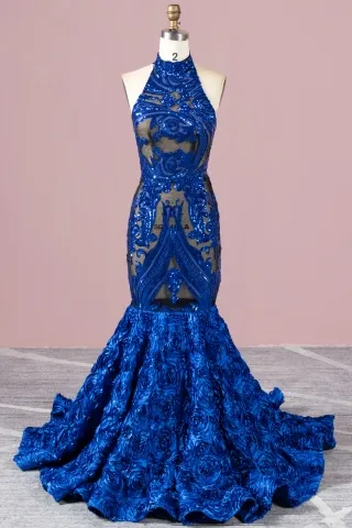 royal blue sequin black mesh 3d rosette unique prom dress